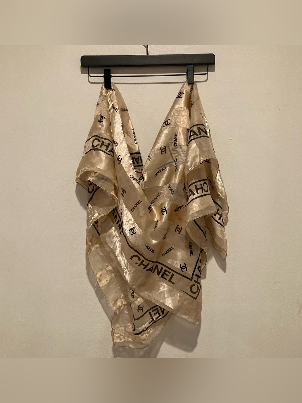 CHANEL Cream and Black Logo Silk Scarf